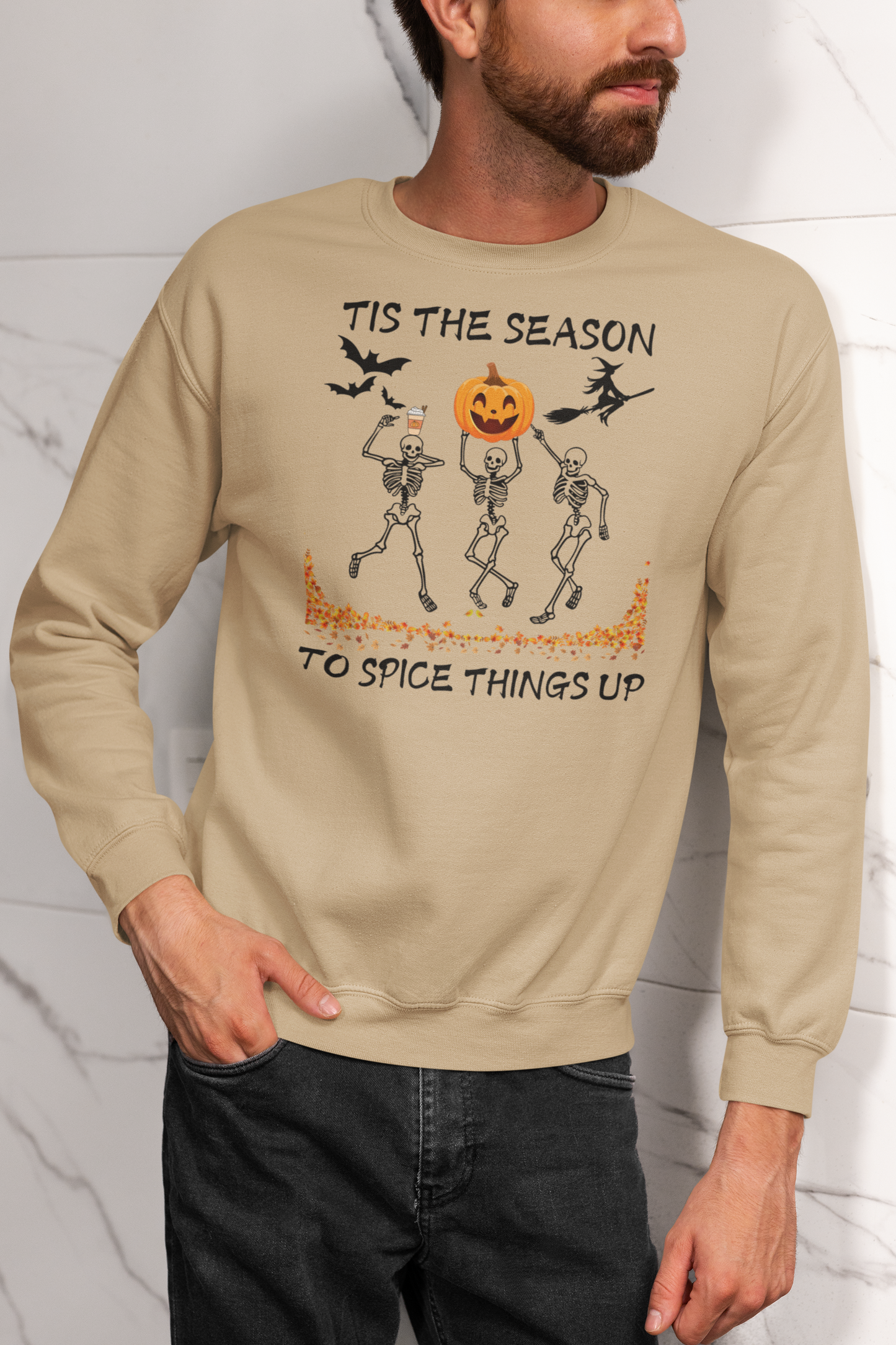 Tis the Season to Spice Things Up Fall Sweatshirt, Pumpkin Spice Coffee Sweater, Skeletons Dancing Halloween Sweater, Unisex Crewneck Sweatshirt