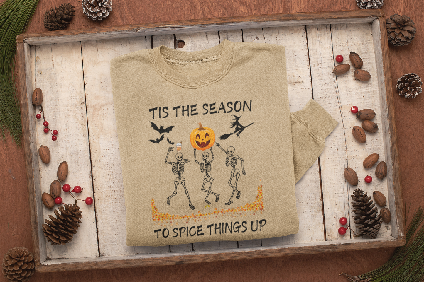 Tis the Season to Spice Things Up Fall Sweatshirt, Pumpkin Spice Coffee Sweater, Skeletons Dancing Halloween Sweater, Unisex Crewneck Sweatshirt