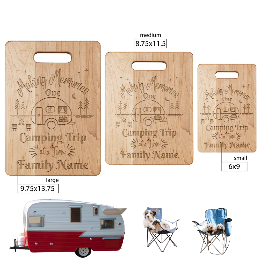 Making Memories One Camping Trip at a Time Maple Cutting Cheese Board with Family Name/Surname, Camping Gear, Caravan RV Accessories, Gift for Campers