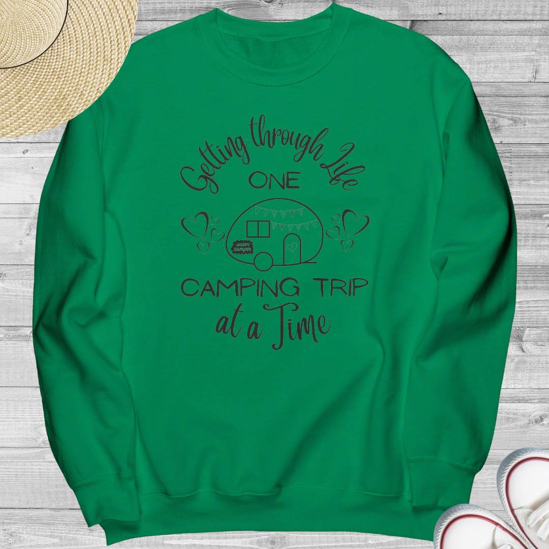 Getting through Life One Camping Trip at a Time Fall Sweatshirt, Camper/Caravan RV Sweater Gift for Her