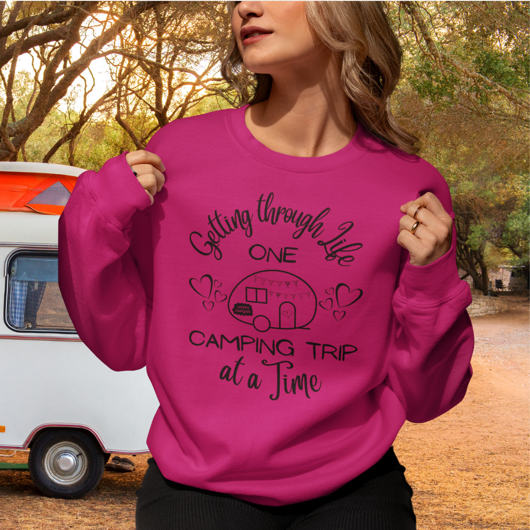 Getting through Life One Camping Trip at a Time Fall Sweatshirt, Camper/Caravan RV Sweater Gift for Her