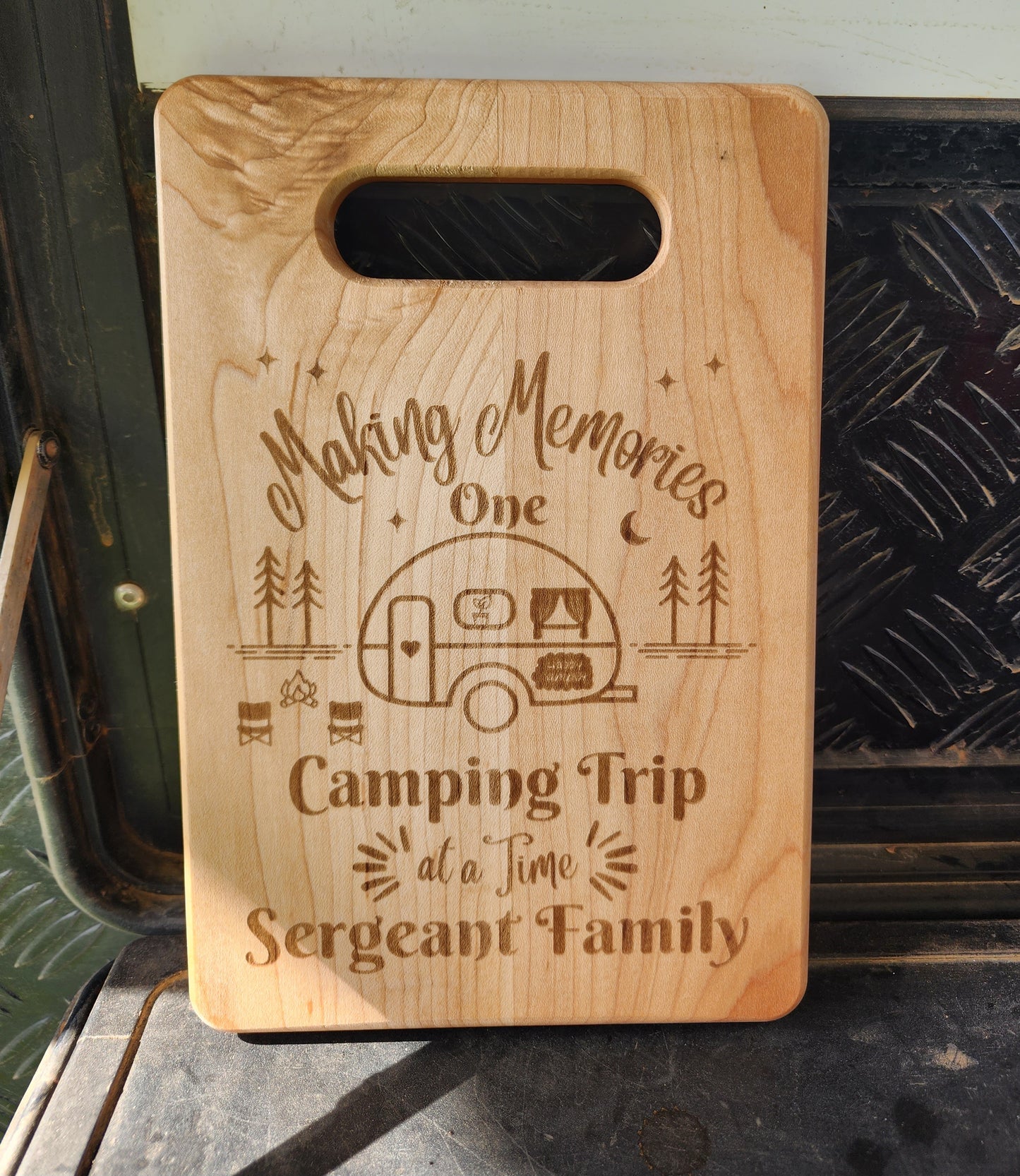Making Memories One Camping Trip at a Time Maple Cutting Cheese Board with Family Name/Surname, Camping Gear, Caravan RV Accessories, Gift for Campers