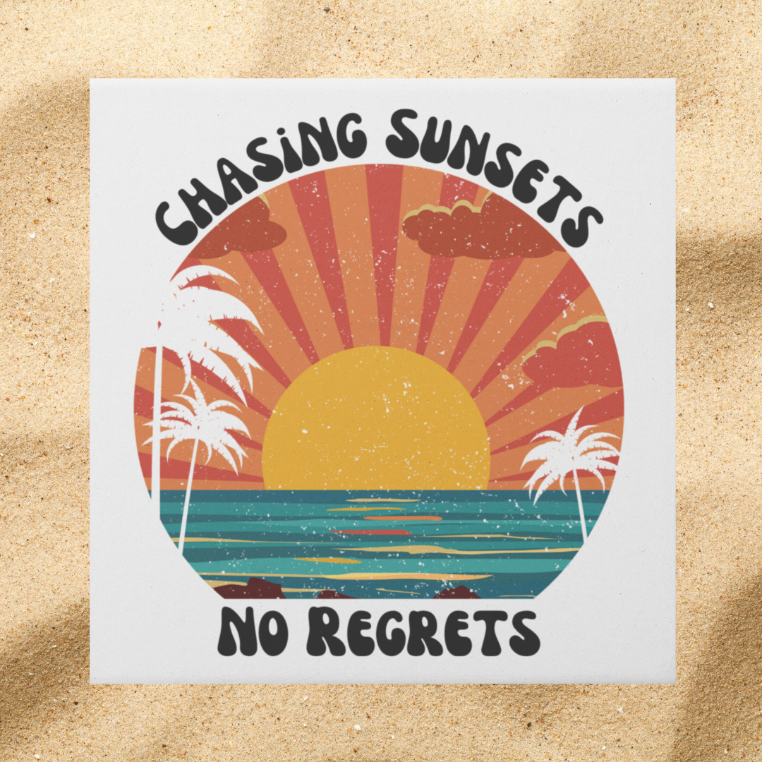 Chasing Sunsets No Regrets Coasters, Beach Decor, Vintage Bar Coasters, Sunset Coasters, Palm Tree Coasters, Ocean Decor, Surf Coasters, Beach Coasters, Tropical Drink Coaster, House-warming Gift