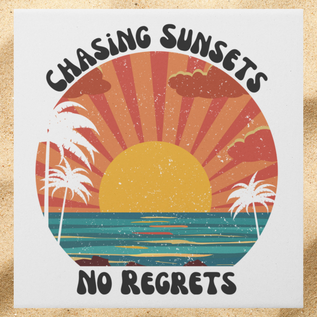 Chasing Sunsets No Regrets Coasters, Beach Decor, Vintage Bar Coasters, Sunset Coasters, Palm Tree Coasters, Ocean Decor, Surf Coasters, Beach Coasters, Tropical Drink Coaster, House-warming Gift