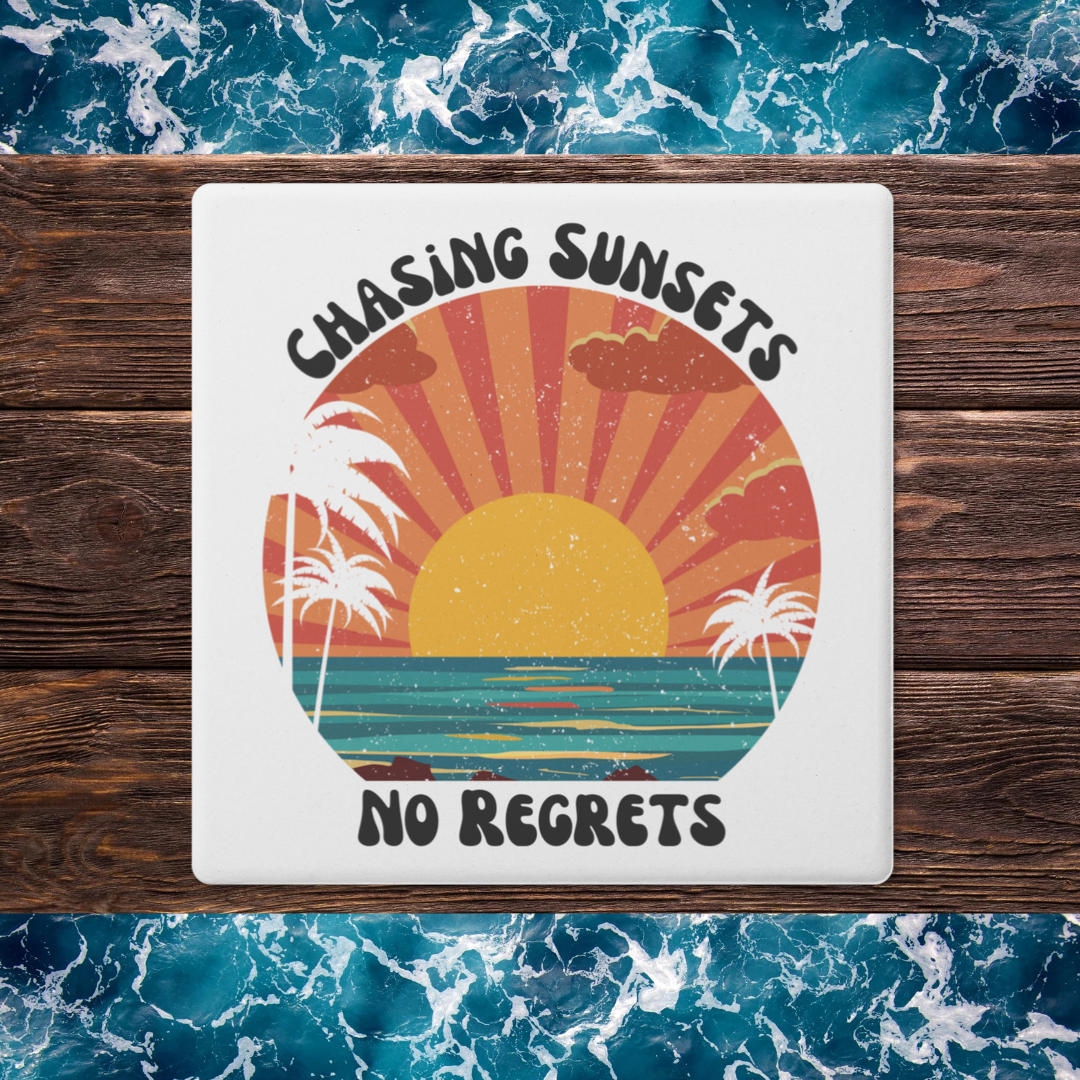 Chasing Sunsets No Regrets Coasters, Beach Decor, Vintage Bar Coasters, Sunset Coasters, Palm Tree Coasters, Ocean Decor, Surf Coasters, Beach Coasters, Tropical Drink Coaster, House-warming Gift