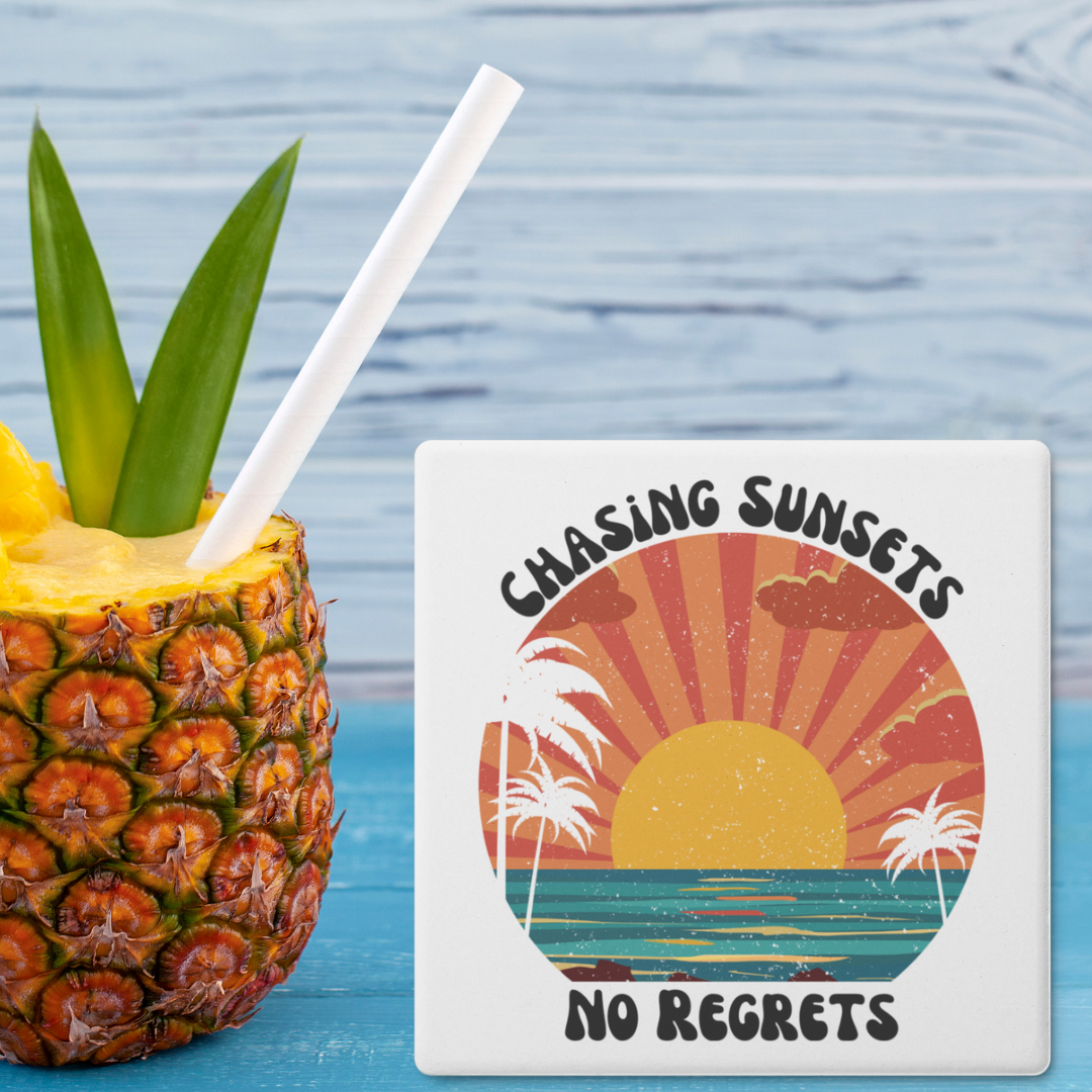 Chasing Sunsets No Regrets Coasters, Beach Decor, Vintage Bar Coasters, Sunset Coasters, Palm Tree Coasters, Ocean Decor, Surf Coasters, Beach Coasters, Tropical Drink Coaster, House-warming Gift
