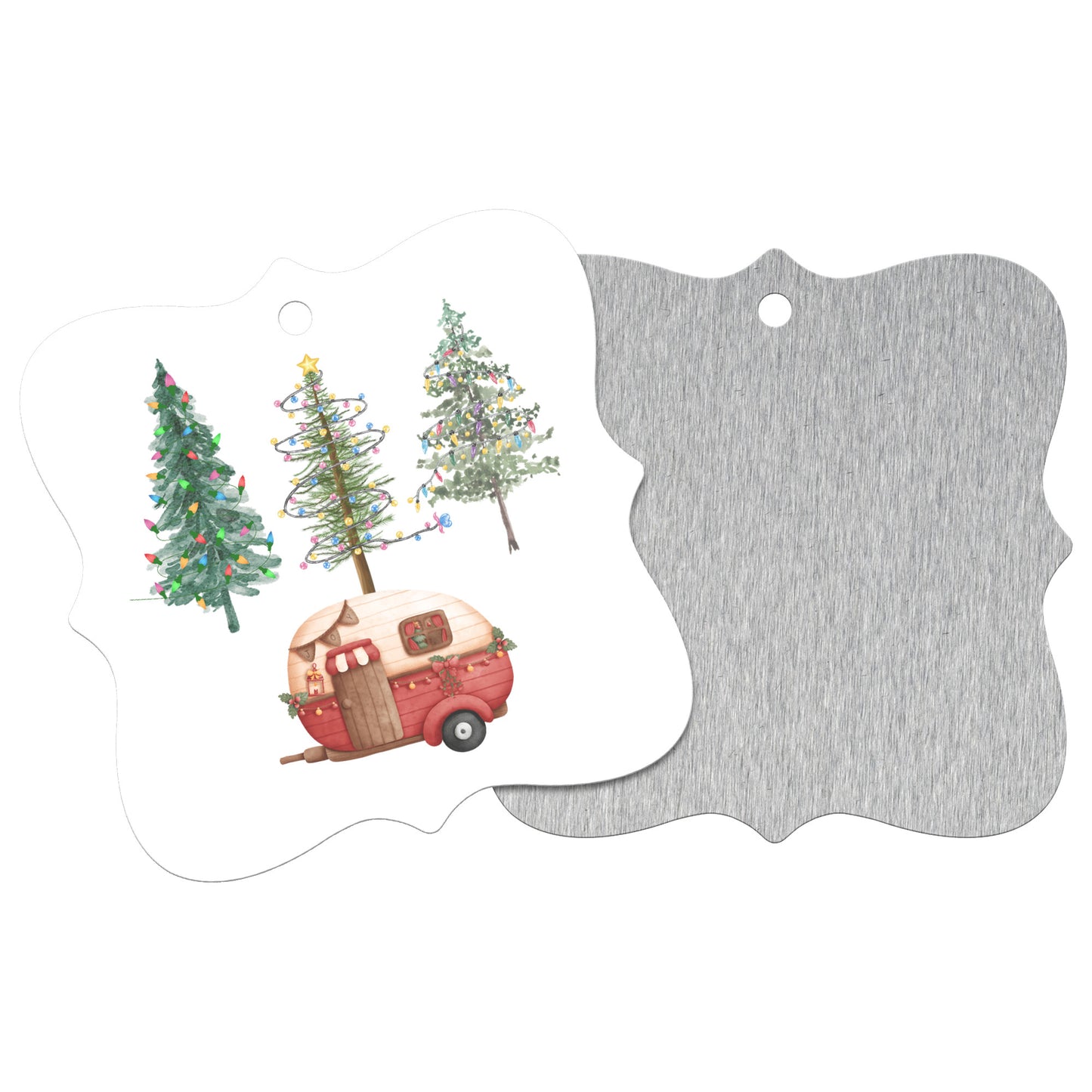 Camping Christmas Ornament, Cute Camper Xmas Tree Ornament, Woodsy Pine Trees Xmas Lights Ornament, Nature Lover Christmas Ornament, Gift for RV Caravan