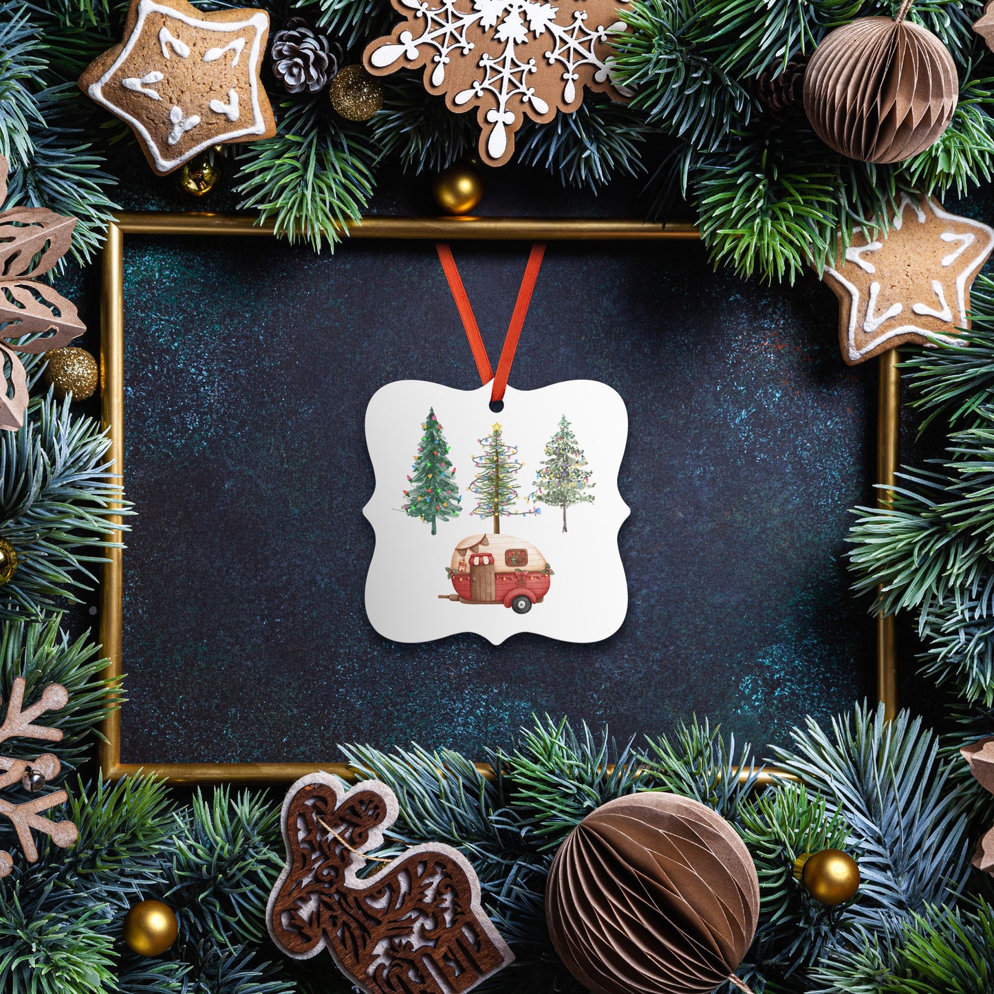 Camping Christmas Ornament, Cute Camper Xmas Tree Ornament, Woodsy Pine Trees Xmas Lights Ornament, Nature Lover Christmas Ornament, Gift for RV Caravan