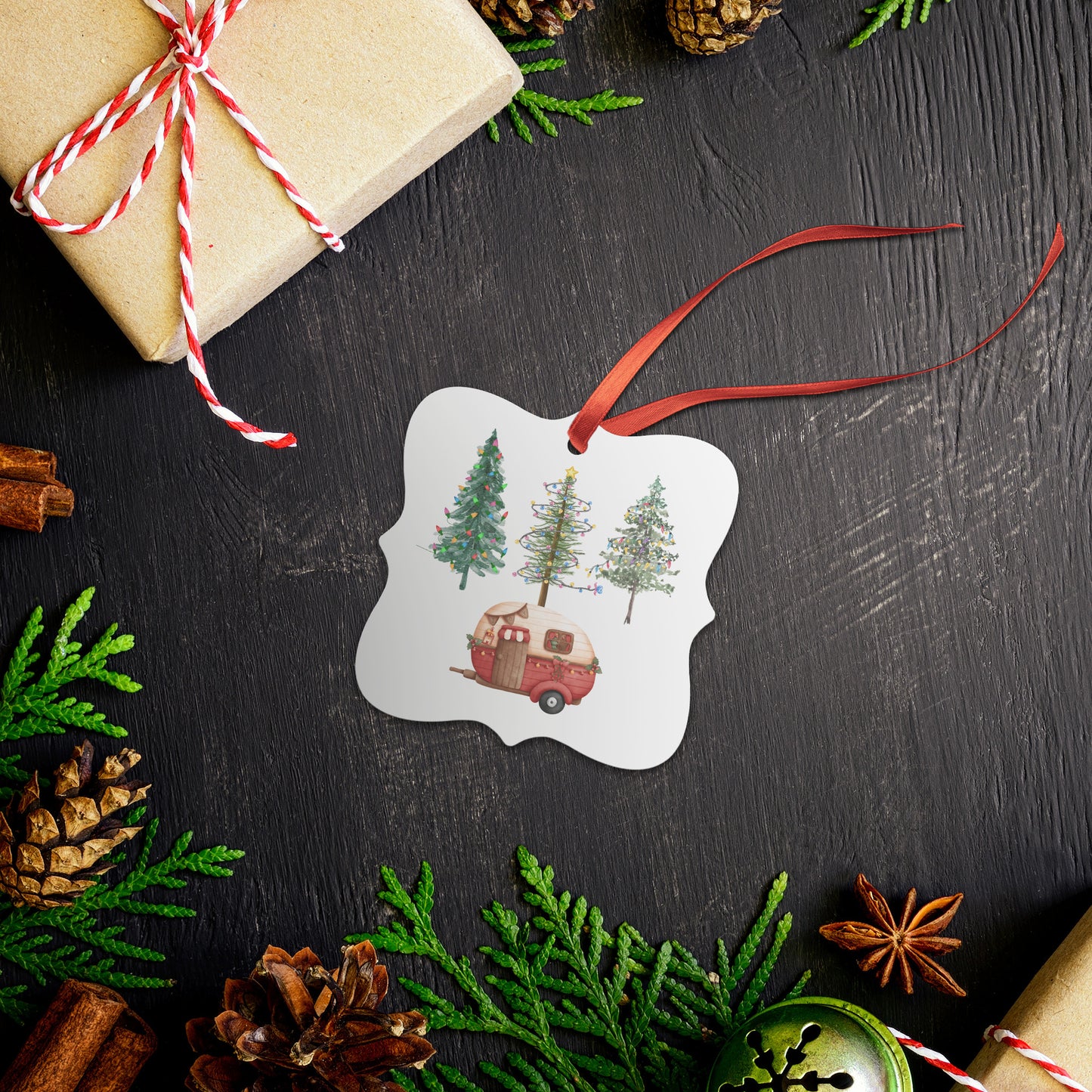 Camping Christmas Ornament, Cute Camper Xmas Tree Ornament, Woodsy Pine Trees Xmas Lights Ornament, Nature Lover Christmas Ornament, Gift for RV Caravan