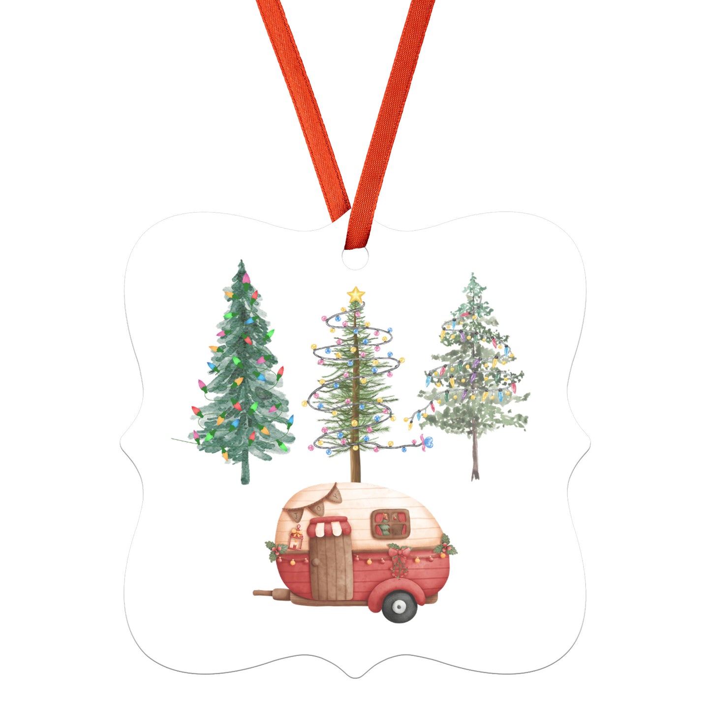 Camping Christmas Ornament, Cute Camper Xmas Tree Ornament, Woodsy Pine Trees Xmas Lights Ornament, Nature Lover Christmas Ornament, Gift for RV Caravan