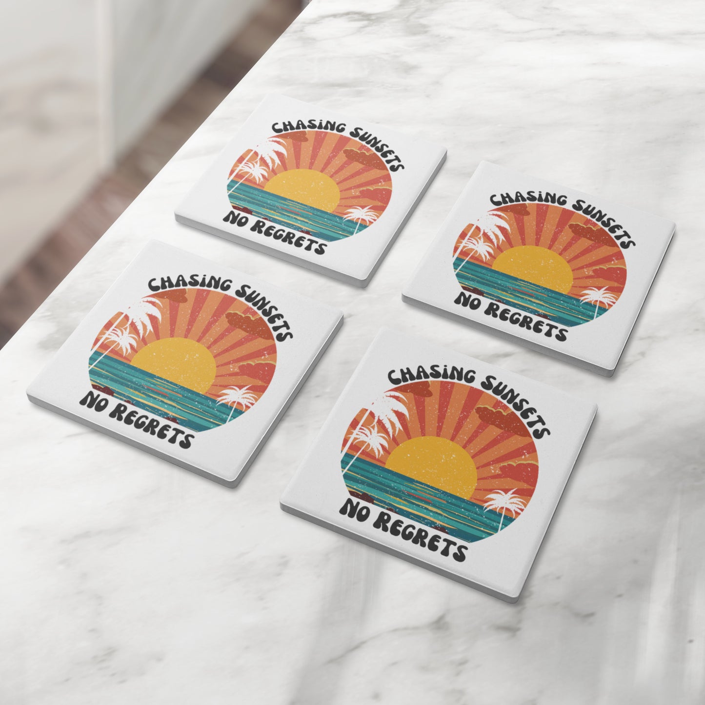 Chasing Sunsets No Regrets Coasters, Beach Decor, Vintage Bar Coasters, Sunset Coasters, Palm Tree Coasters, Ocean Decor, Surf Coasters, Beach Coasters, Tropical Drink Coaster, House-warming Gift