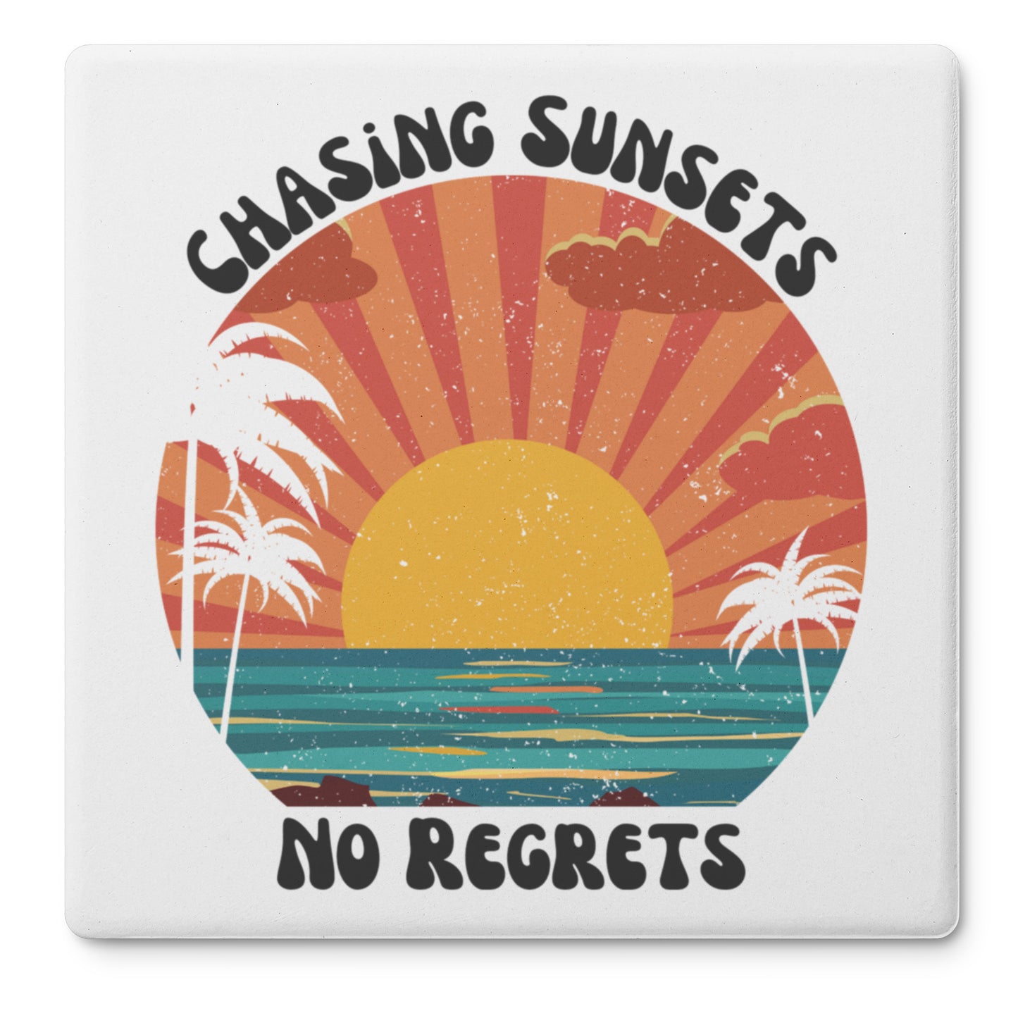 Chasing Sunsets No Regrets Coasters, Beach Decor, Vintage Bar Coasters, Sunset Coasters, Palm Tree Coasters, Ocean Decor, Surf Coasters, Beach Coasters, Tropical Drink Coaster, House-warming Gift