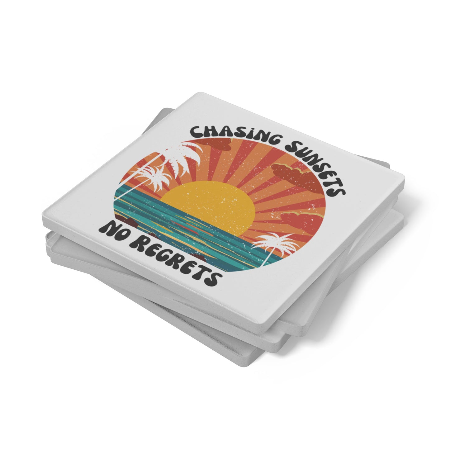 Chasing Sunsets No Regrets Coasters, Beach Decor, Vintage Bar Coasters, Sunset Coasters, Palm Tree Coasters, Ocean Decor, Surf Coasters, Beach Coasters, Tropical Drink Coaster, House-warming Gift