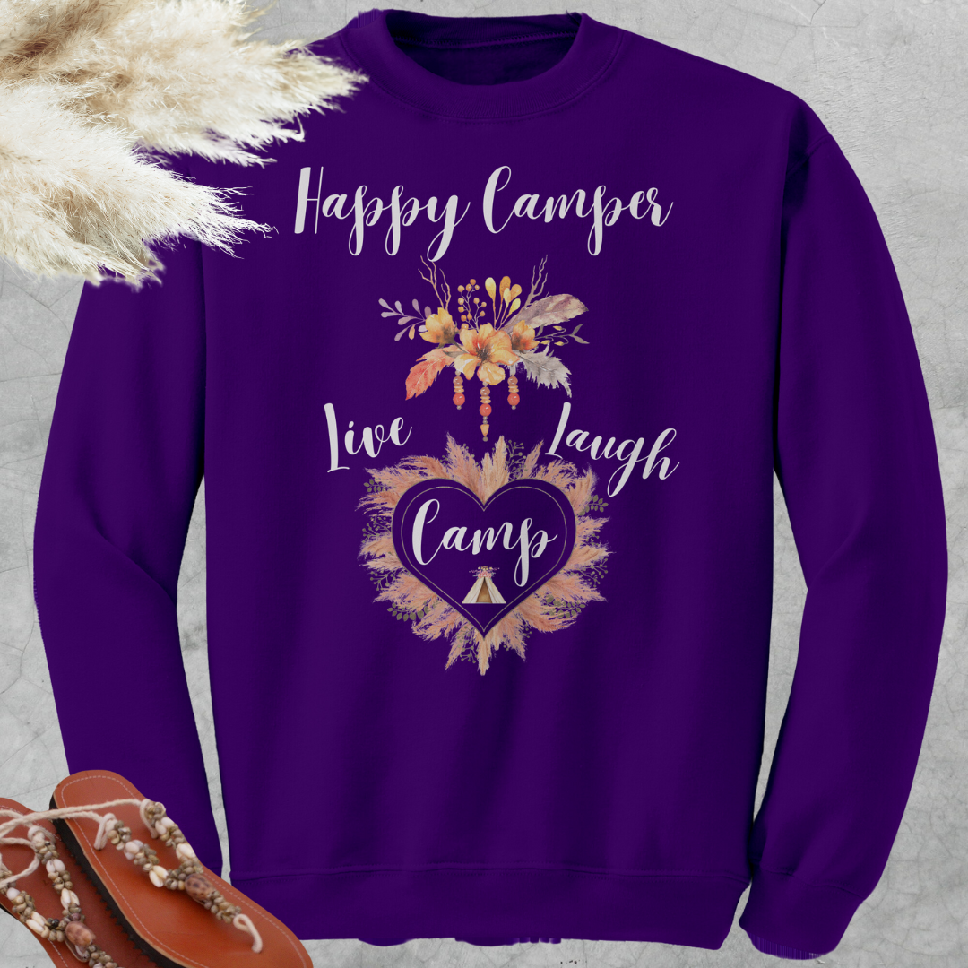 Happy Camper Sweatshirt, Live Camp Laugh Crewneck Sweater, Floral Feather Bead Watercolor Design Sweatshirt, Gift for Her