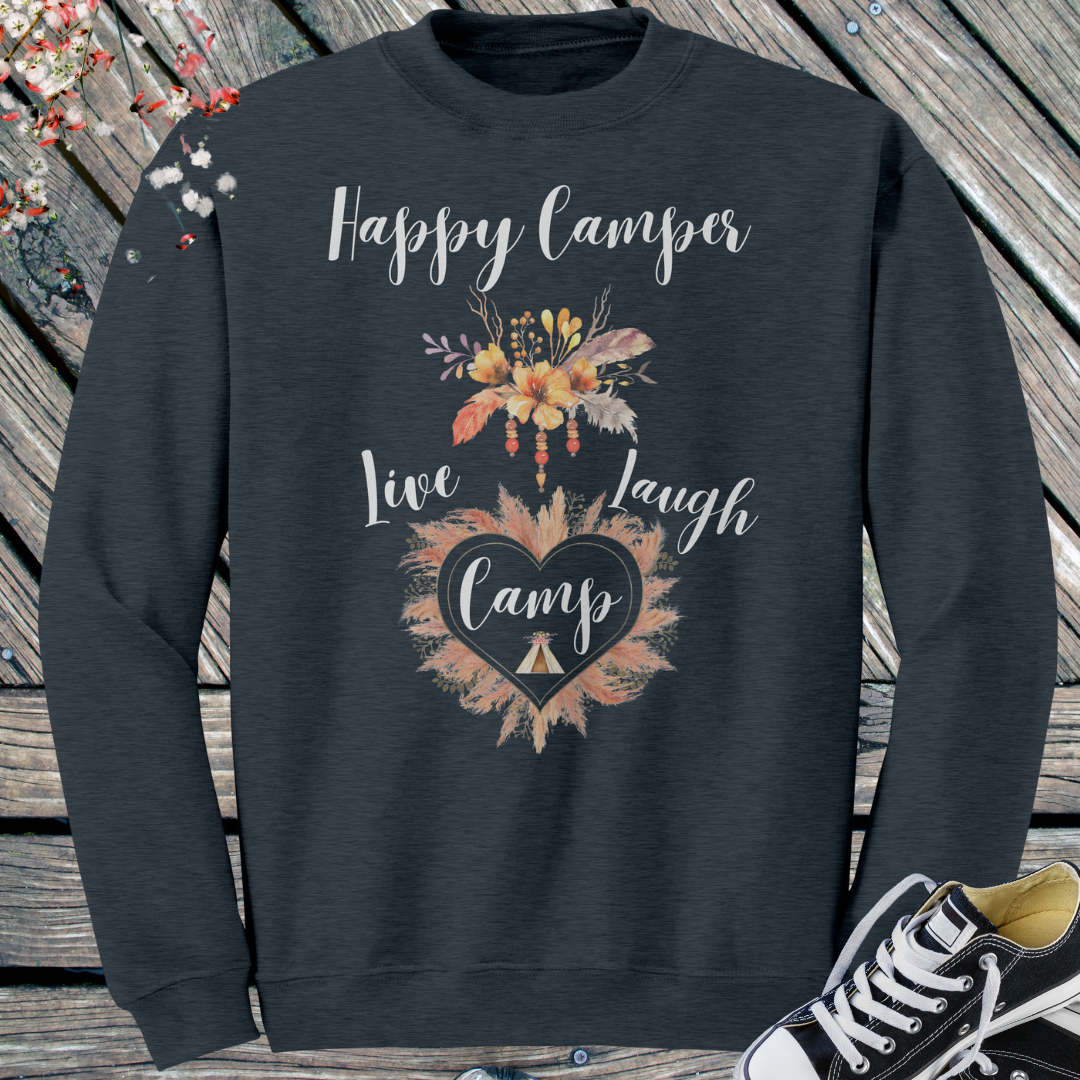 Happy Camper Sweatshirt, Live Camp Laugh Crewneck Sweater, Floral Feather Bead Watercolor Design Sweatshirt, Gift for Her