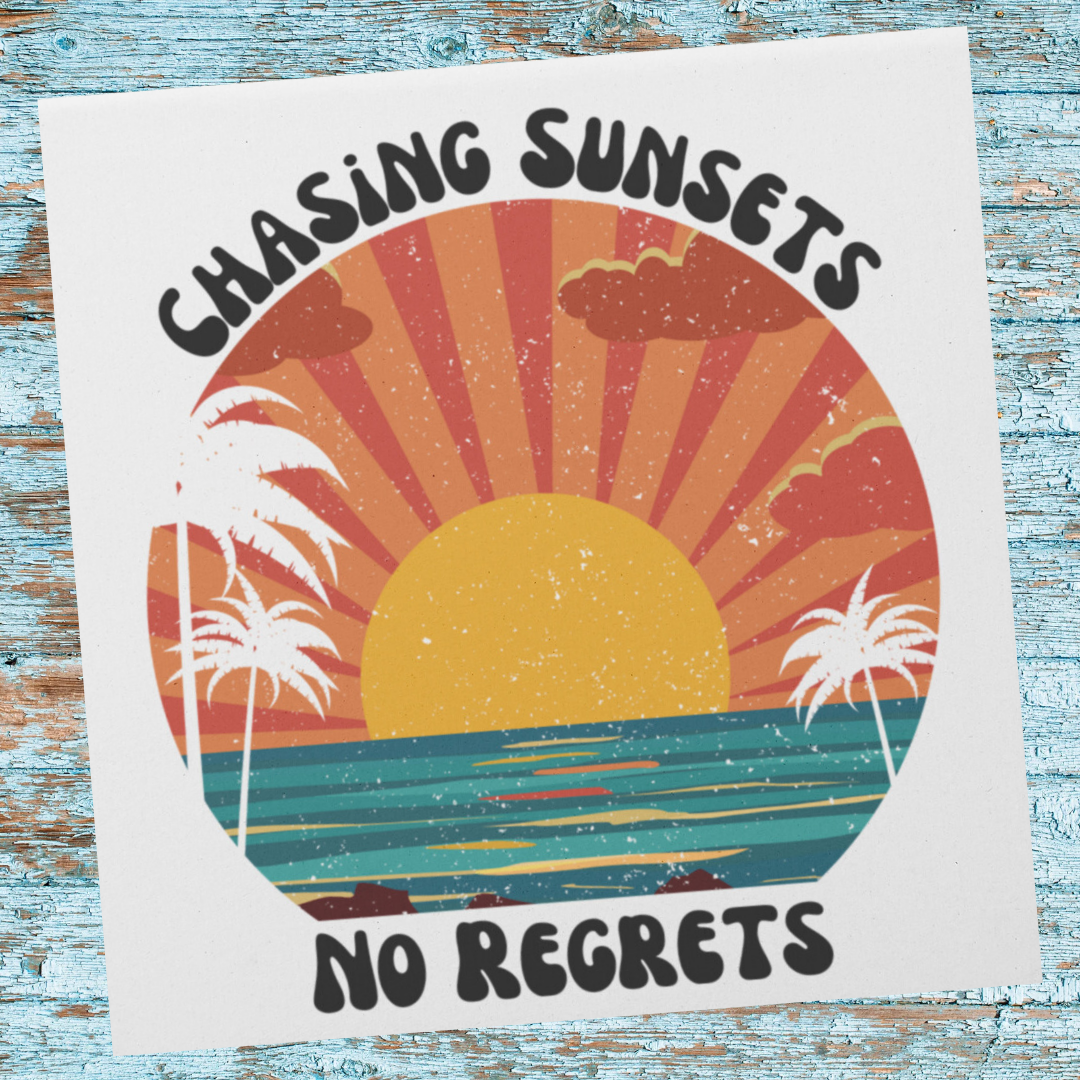 Chasing Sunsets No Regrets Coasters, Beach Decor, Vintage Bar Coasters, Sunset Coasters, Palm Tree Coasters, Ocean Decor, Surf Coasters, Beach Coasters, Tropical Drink Coaster, House-warming Gift