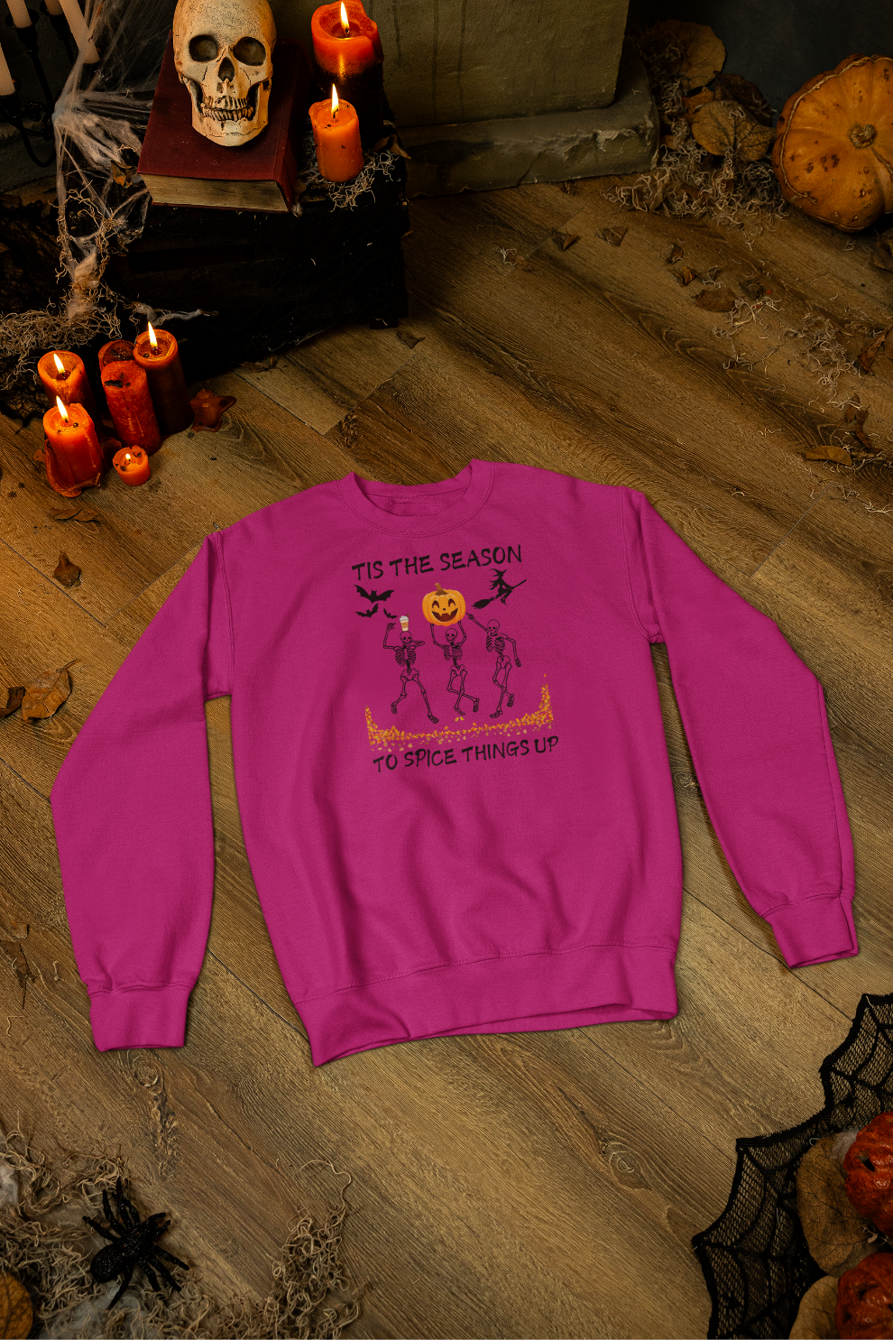Tis the Season to Spice Things Up Fall Sweatshirt, Pumpkin Spice Coffee Sweater, Skeletons Dancing Halloween Sweater, Unisex Crewneck Sweatshirt