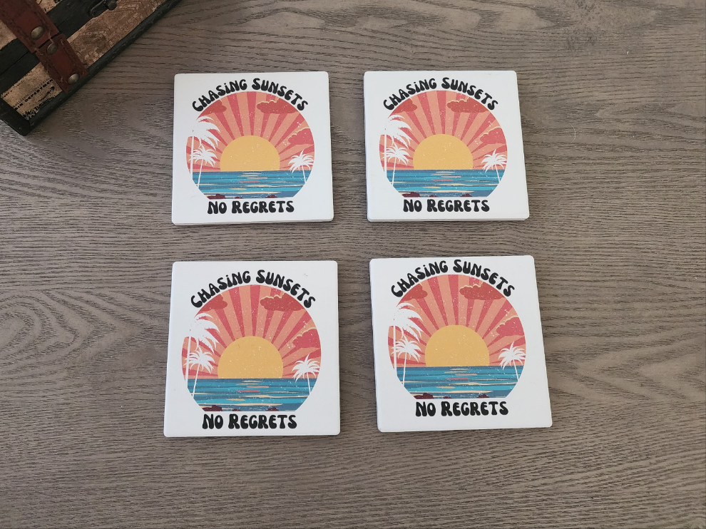 Chasing Sunsets No Regrets Coasters, Beach Decor, Vintage Bar Coasters, Sunset Coasters, Palm Tree Coasters, Ocean Decor, Surf Coasters, Beach Coasters, Tropical Drink Coaster, House-warming Gift
