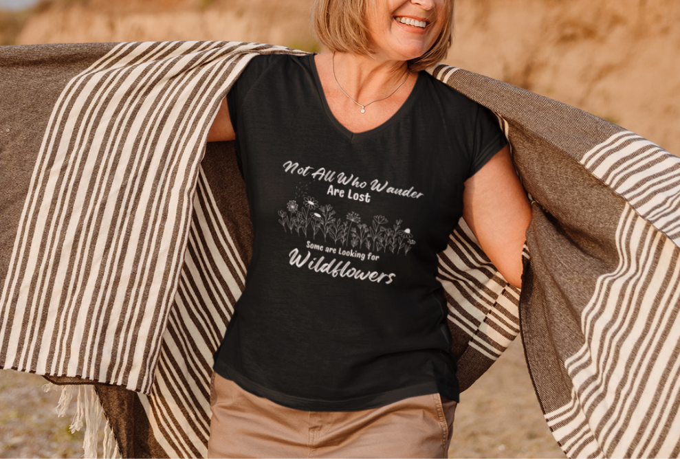 Wildflowers Vneck Women's Shirt, Not All Who Wander are Lost Wildflower Dandelion Floral Tshirt, Garden Lover Shirt, Cottagecore Shirt, Gift for Nature Lover, Outdoorsy Camping Shirt