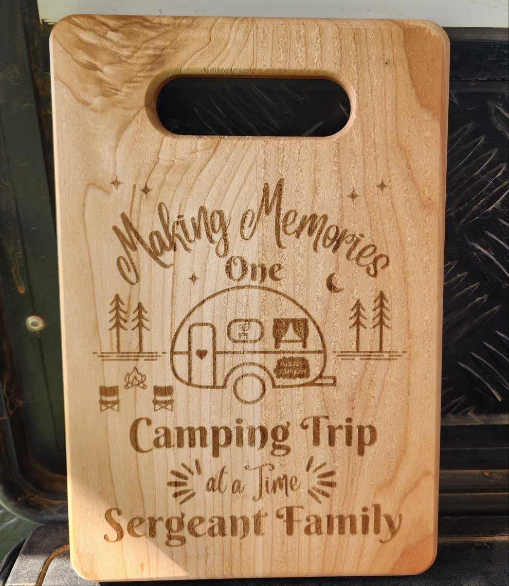 Making Memories One Camping Trip at a Time Maple Cutting Cheese Board with Family Name/Surname, Camping Gear, Caravan RV Accessories, Gift for Campers