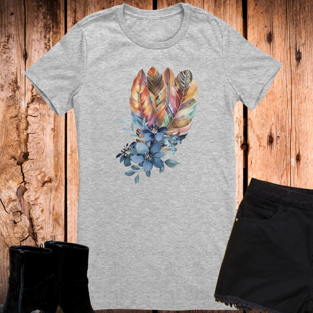 Boho Feather Floral TShirt, Watercolored Feather Shirt, Blue Flower Tee, Gift for Nature Lover, Gift for Her, Birthday Gift