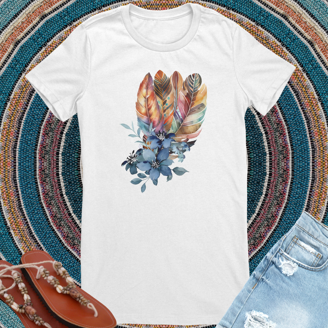 Boho Feather Floral TShirt, Watercolored Feather Shirt, Blue Flower Tee, Gift for Nature Lover, Gift for Her, Birthday Gift