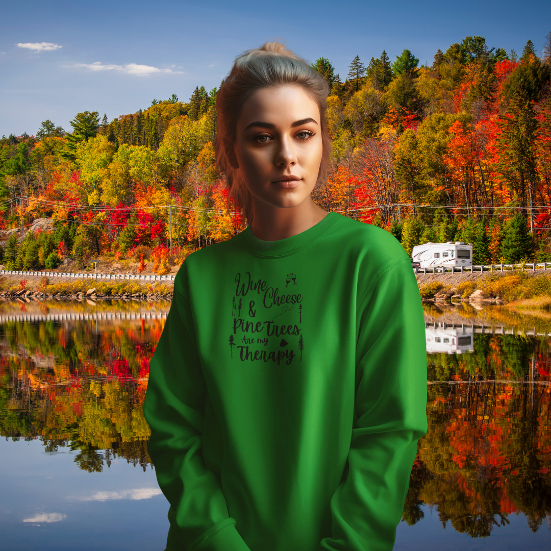 Camping Therapy Sweatshirt, Funny Camping Sweater, Wine and Cheese Sweatshirt, Outdoorsy Sweatshirt, Pine Trees Sweater, Forest Sweater, Nature Lover Gift, Gift for Campers