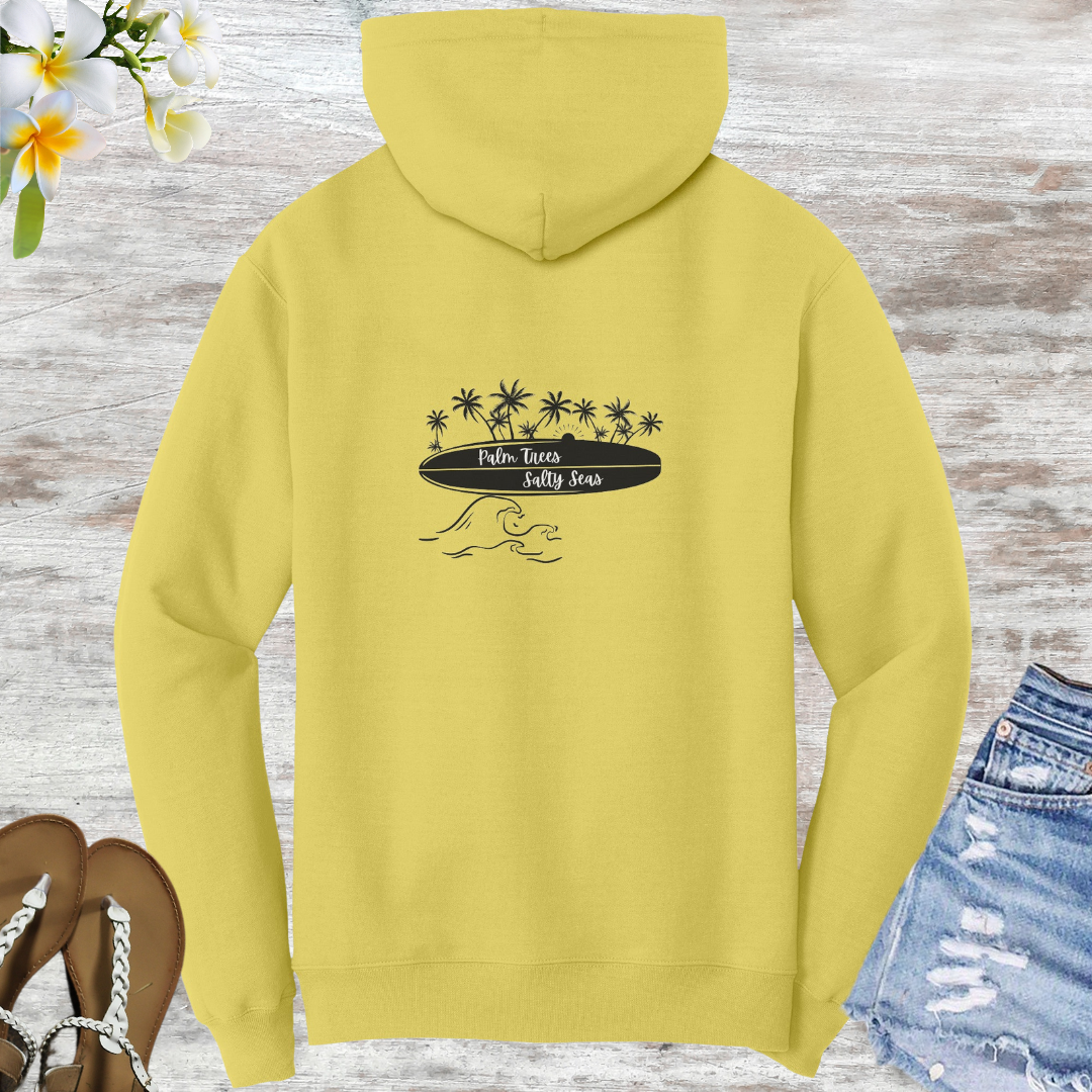 Palm Trees Salty Seas Hoodie, Beach Lover Hooded Sweatshirt, Surf Hoodie, Surf Apparel, Surfboard Clothing, Gift for Surfer