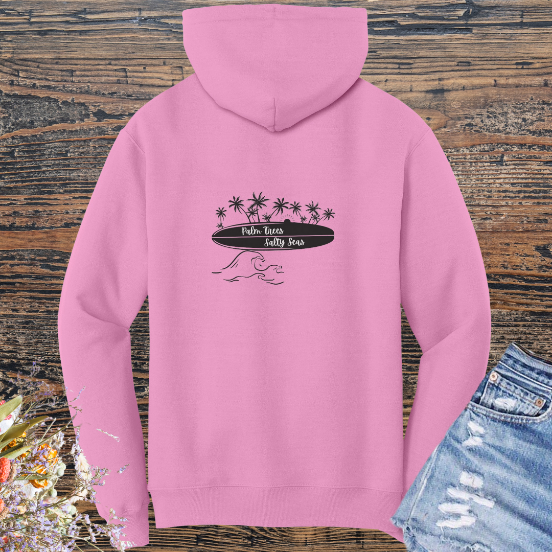 Palm Trees Salty Seas Hoodie, Beach Lover Hooded Sweatshirt, Surf Hoodie, Surf Apparel, Surfboard Clothing, Gift for Surfer