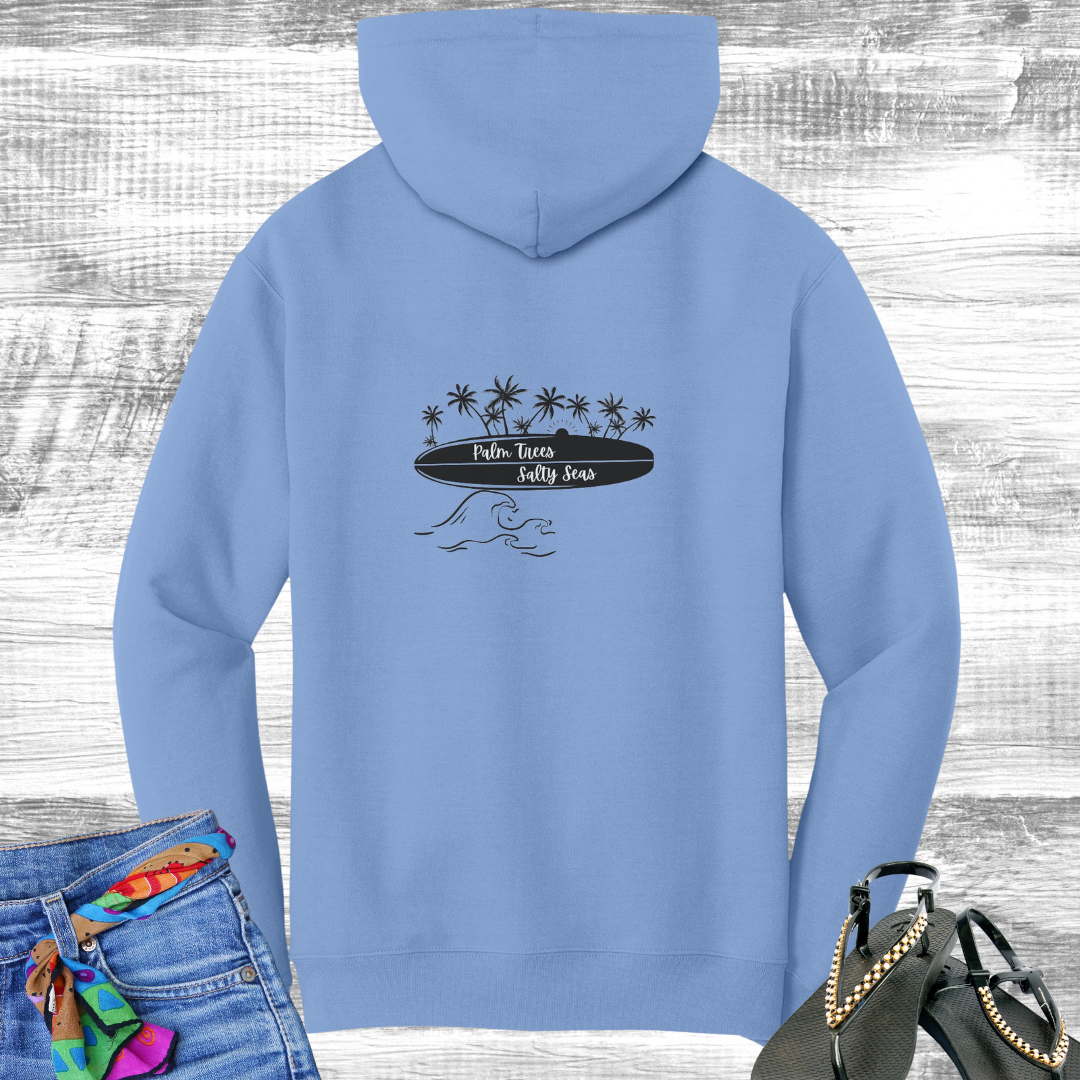 Palm Trees Salty Seas Hoodie, Beach Lover Hooded Sweatshirt, Surf Hoodie, Surf Apparel, Surfboard Clothing, Gift for Surfer