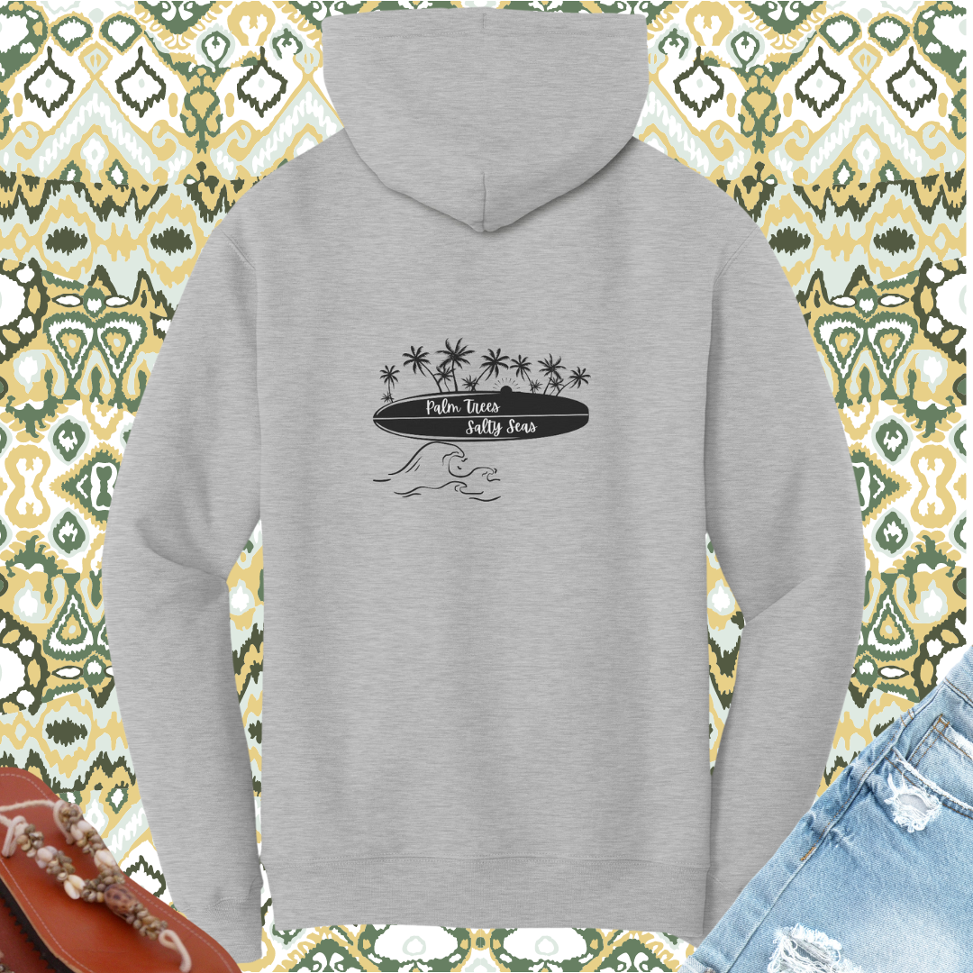 Palm Trees Salty Seas Hoodie, Beach Lover Hooded Sweatshirt, Surf Hoodie, Surf Apparel, Surfboard Clothing, Gift for Surfer