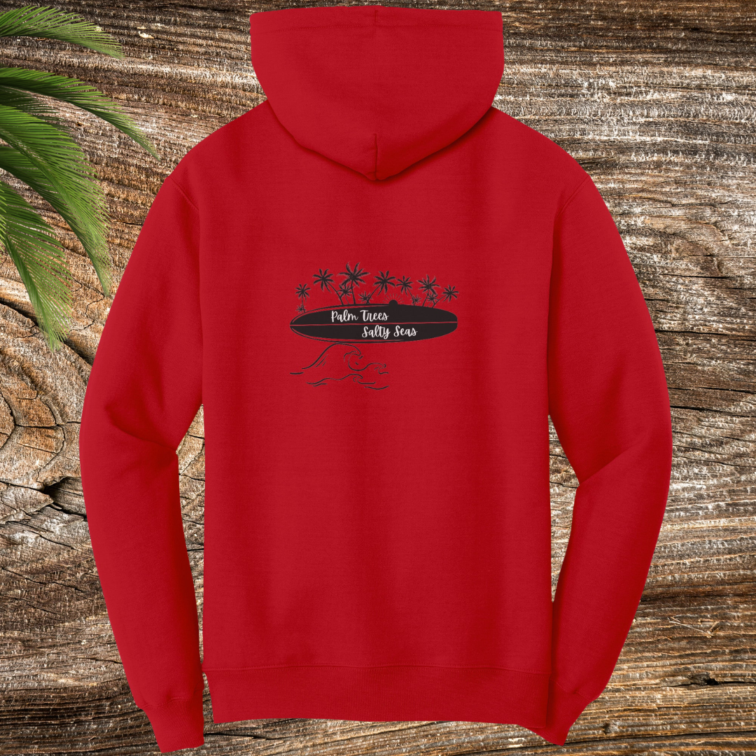 Palm Trees Salty Seas Hoodie, Beach Lover Hooded Sweatshirt, Surf Hoodie, Surf Apparel, Surfboard Clothing, Gift for Surfer