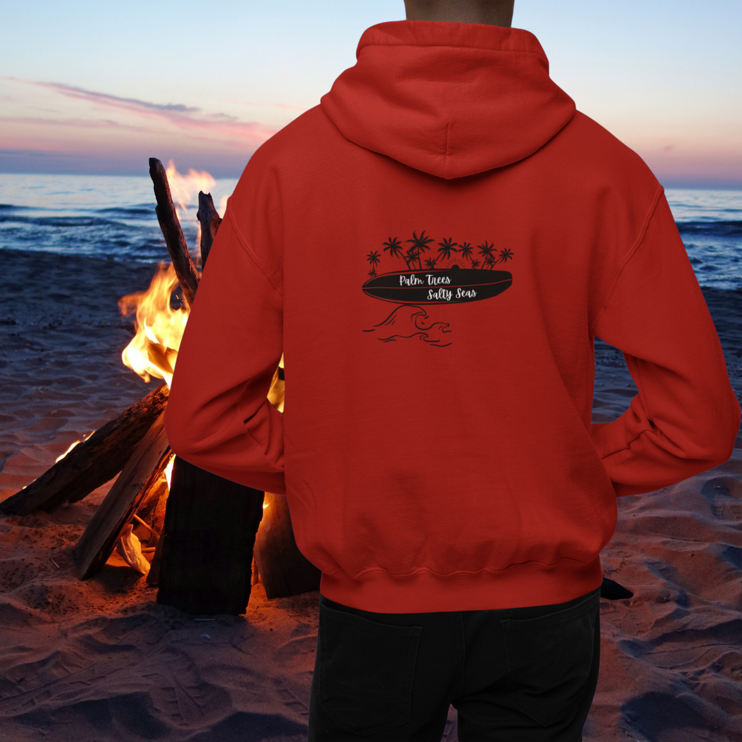 Palm Trees Salty Seas Hoodie, Beach Lover Hooded Sweatshirt, Surf Hoodie, Surf Apparel, Surfboard Clothing, Gift for Surfer