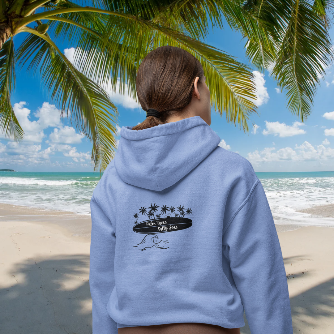 Palm Trees Salty Seas Hoodie, Beach Lover Hooded Sweatshirt, Surf Hoodie, Surf Apparel, Surfboard Clothing, Gift for Surfer
