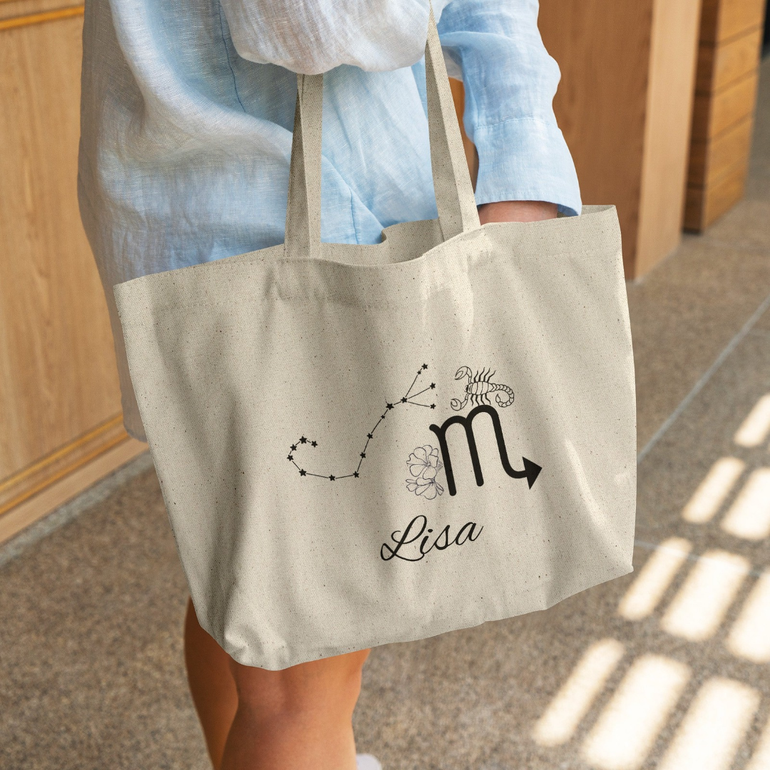 Scorpio Personalized Name Tote Bag, Scorpio Star Sign Gusset Bag, Zodiac Scorpio Tote Bag, Scorpio Star Constellation Tote, Gift for Scorpio, Astrology Lover Gift, Recycled Eco-Friendly Grocery Bag