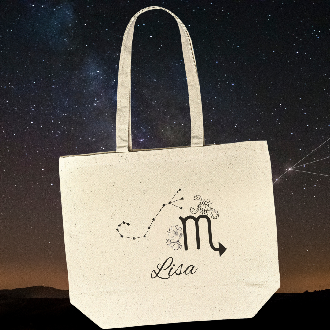 Scorpio Personalized Name Tote Bag, Scorpio Star Sign Gusset Bag, Zodiac Scorpio Tote Bag, Scorpio Star Constellation Tote, Gift for Scorpio, Astrology Lover Gift, Recycled Eco-Friendly Grocery Bag