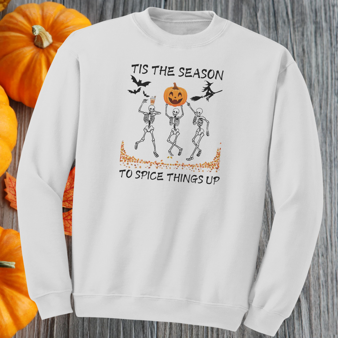 Tis the Season to Spice Things Up Fall Sweatshirt, Pumpkin Spice Coffee Sweater, Skeletons Dancing Halloween Sweater, Unisex Crewneck Sweatshirt