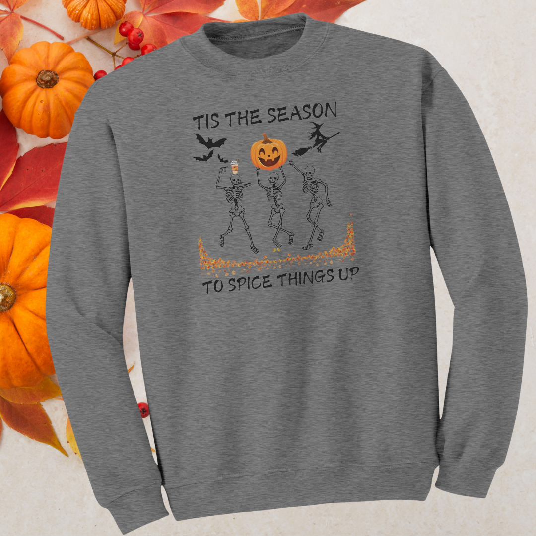 Tis the Season to Spice Things Up Fall Sweatshirt, Pumpkin Spice Coffee Sweater, Skeletons Dancing Halloween Sweater, Unisex Crewneck Sweatshirt