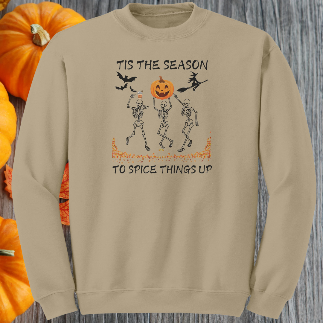 Tis the Season to Spice Things Up Fall Sweatshirt, Pumpkin Spice Coffee Sweater, Skeletons Dancing Halloween Sweater, Unisex Crewneck Sweatshirt