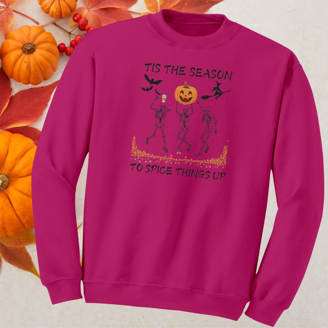 Tis the Season to Spice Things Up Fall Sweatshirt, Pumpkin Spice Coffee Sweater, Skeletons Dancing Halloween Sweater, Unisex Crewneck Sweatshirt