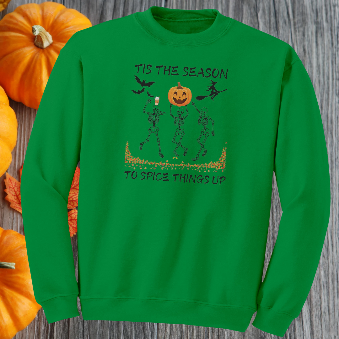 Tis the Season to Spice Things Up Fall Sweatshirt, Pumpkin Spice Coffee Sweater, Skeletons Dancing Halloween Sweater, Unisex Crewneck Sweatshirt
