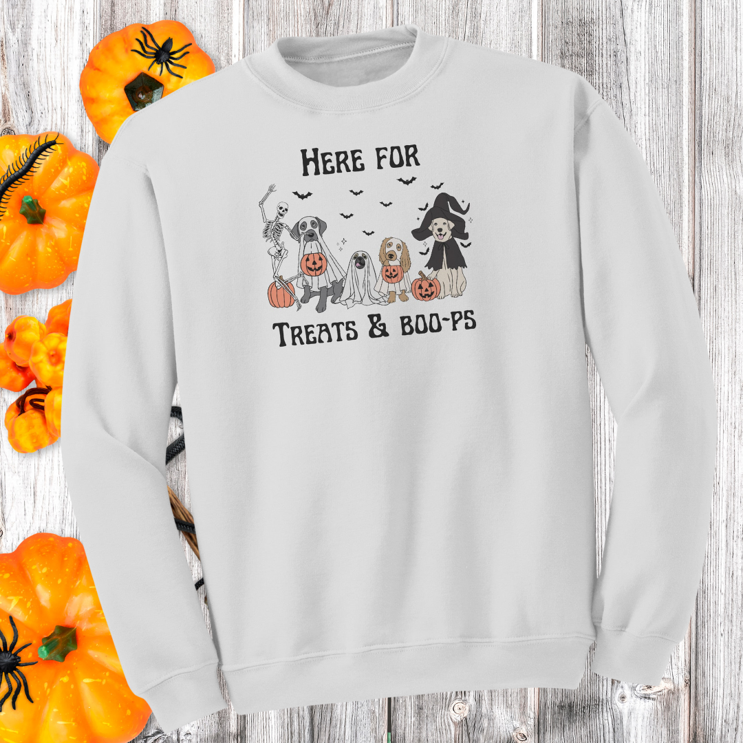 Cute Dog Halloween Sweatshirt, Here for Treats and Boops Vintage Halloween Sweater, Dog Lover Sweatshirt, Dog Mom Gift, Dog Skeleton Sweater, Halloween Apparel