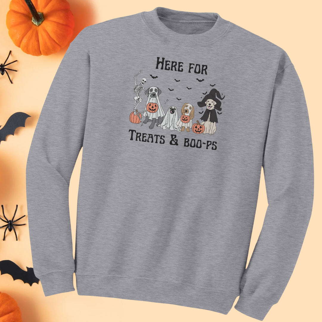Cute Dog Halloween Sweatshirt, Here for Treats and Boops Vintage Halloween Sweater, Dog Lover Sweatshirt, Dog Mom Gift, Dog Skeleton Sweater, Halloween Apparel