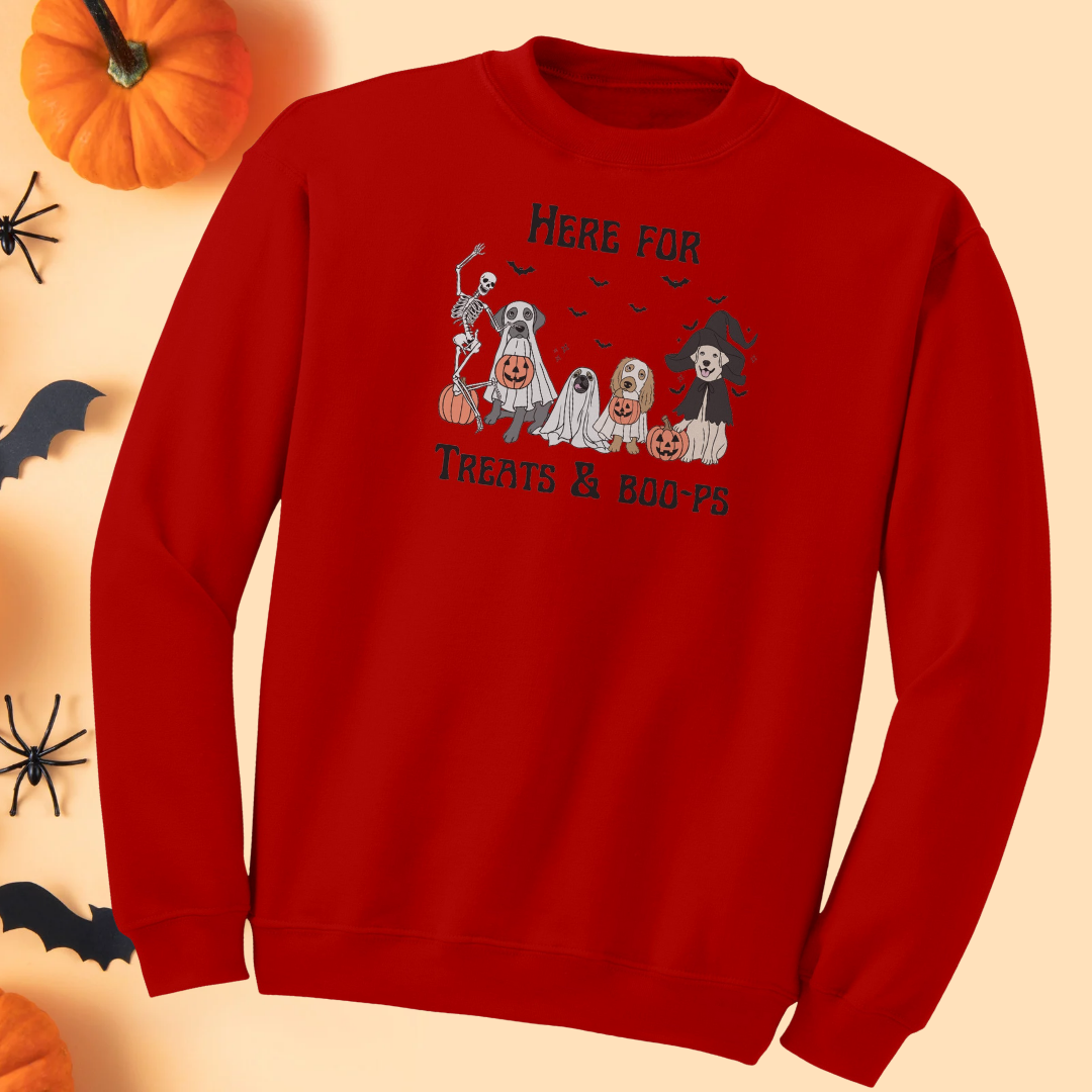 Cute Dog Halloween Sweatshirt, Here for Treats and Boops Vintage Halloween Sweater, Dog Lover Sweatshirt, Dog Mom Gift, Dog Skeleton Sweater, Halloween Apparel
