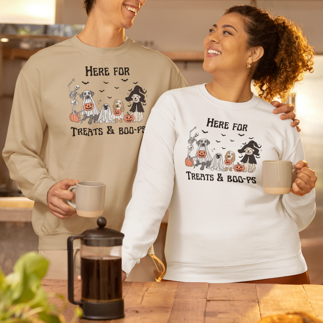 Cute Dog Halloween Sweatshirt, Here for Treats and Boops Vintage Halloween Sweater, Dog Lover Sweatshirt, Dog Mom Gift, Dog Skeleton Sweater, Halloween Apparel