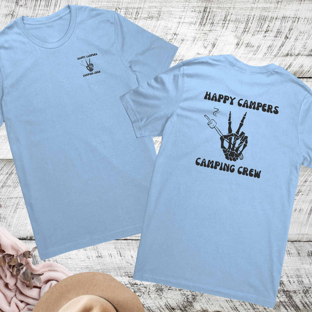Happy Campers Camping Crew Double Sided Unisex Shirt, Skeleton Hand Camping Shirt, S'mores Outdoors Tshirt