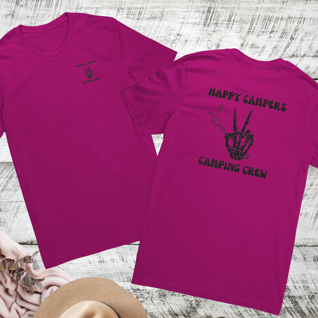 Happy Campers Camping Crew Double Sided Unisex Shirt, Skeleton Hand Camping Shirt, S'mores Outdoors Tshirt