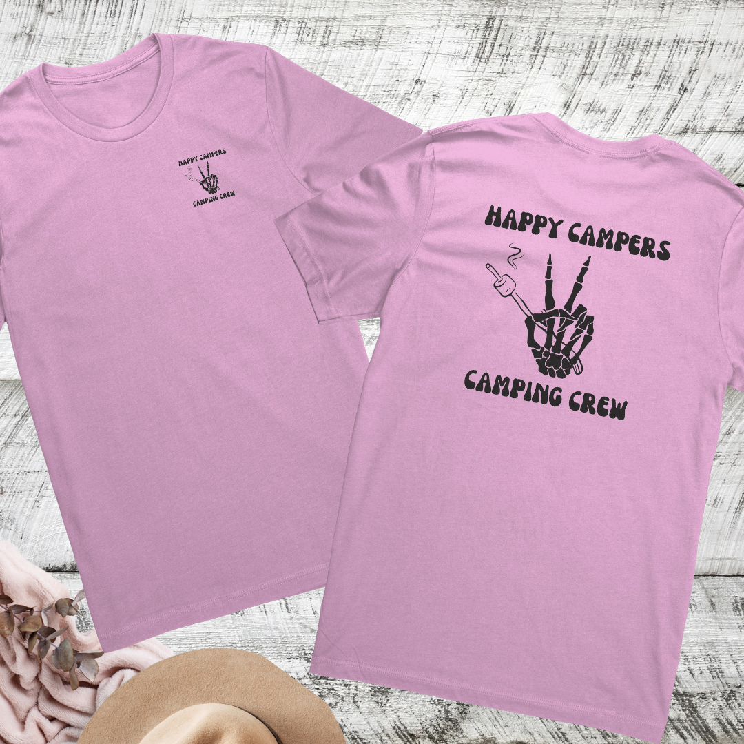 Happy Campers Camping Crew Double Sided Unisex Shirt, Skeleton Hand Camping Shirt, S'mores Outdoors Tshirt
