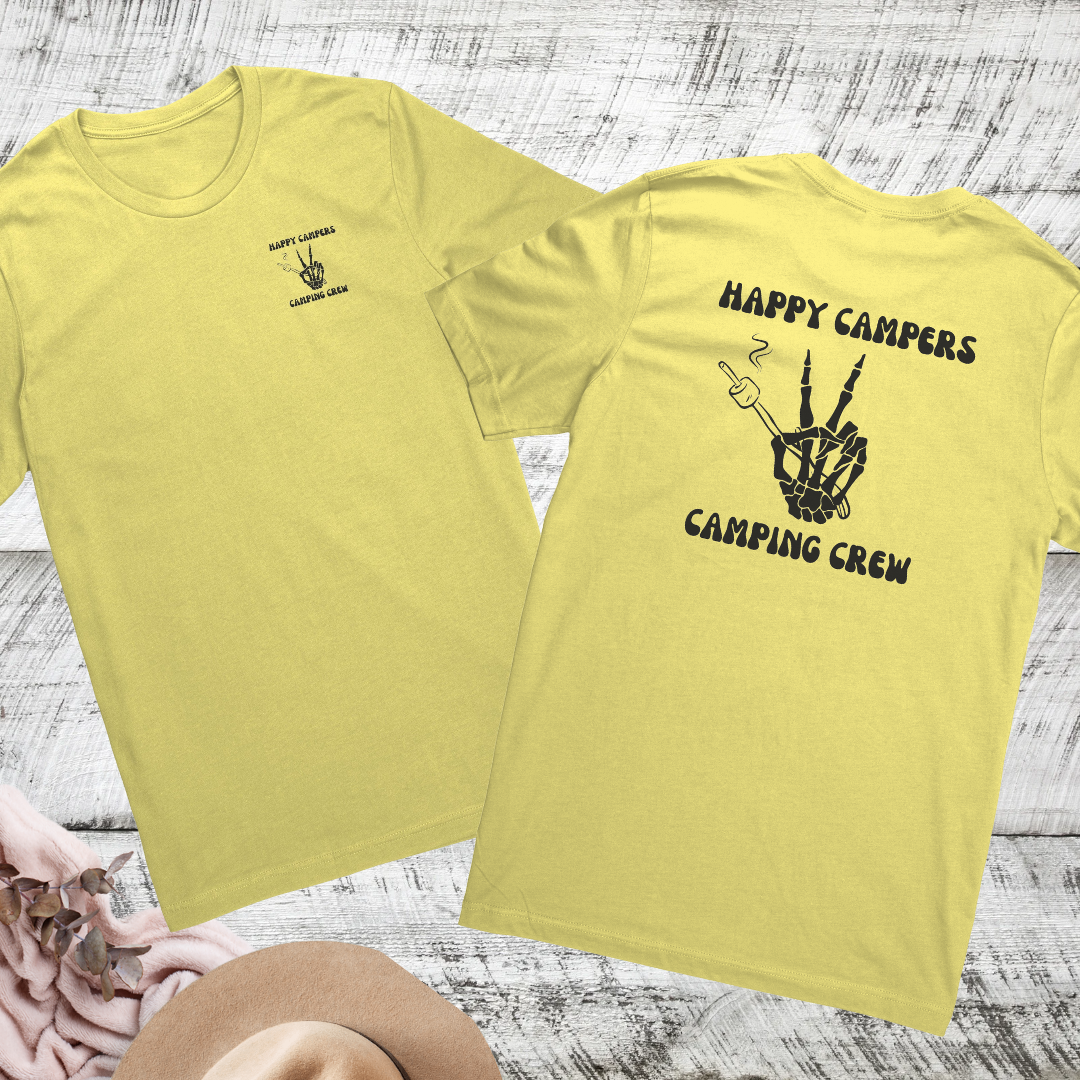 Happy Campers Camping Crew Double Sided Unisex Shirt, Skeleton Hand Camping Shirt, S'mores Outdoors Tshirt