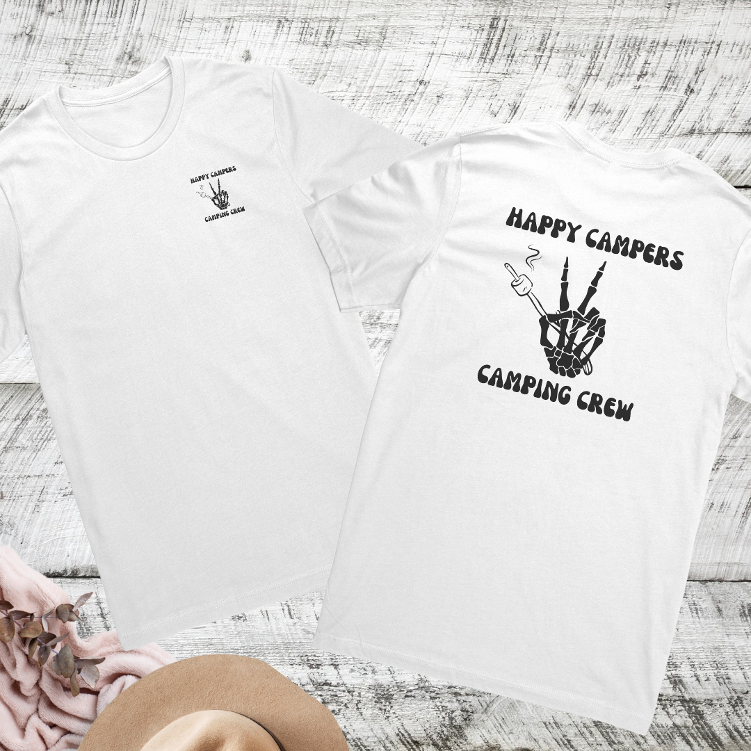 Happy Campers Camping Crew Double Sided Unisex Shirt, Skeleton Hand Camping Shirt, S'mores Outdoors Tshirt